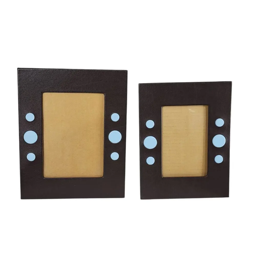 2 Sicura Italian Designs Picture Photo Frames Leather Brown Blue Circles 5x7 4x6